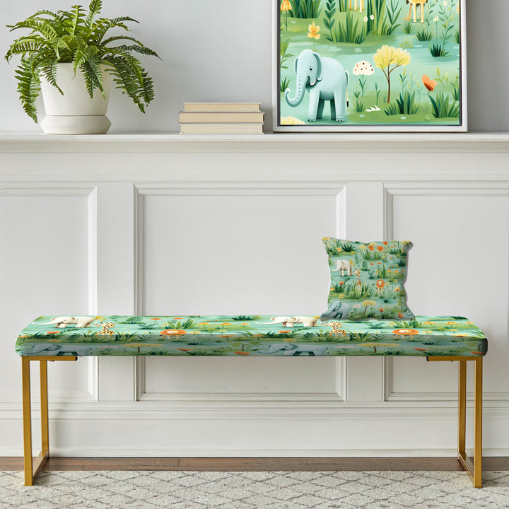 Cartoon Jungle Safari Animal Print For Kids Bedroom - Upholstered Accent Bench