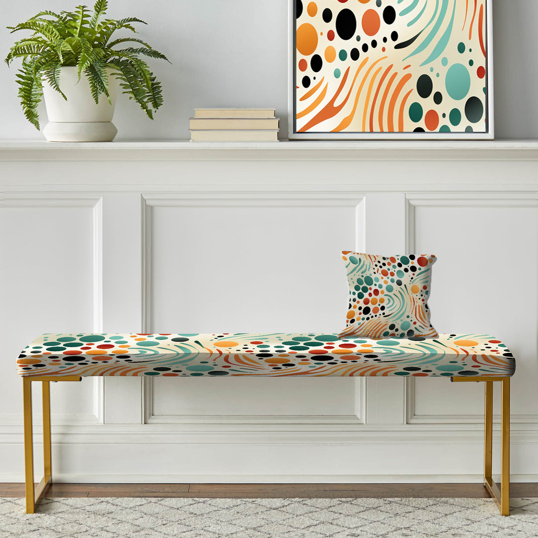 Multicolor Mid Century Pattern On Beige - Upholstered Accent Bench