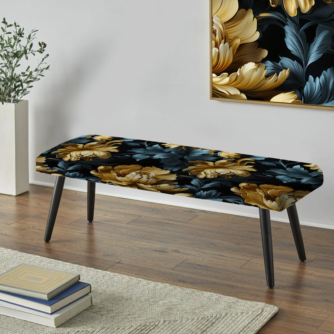 Dark Blue And Golden Gilded Damask Glamour - Upholstered Accent Bench