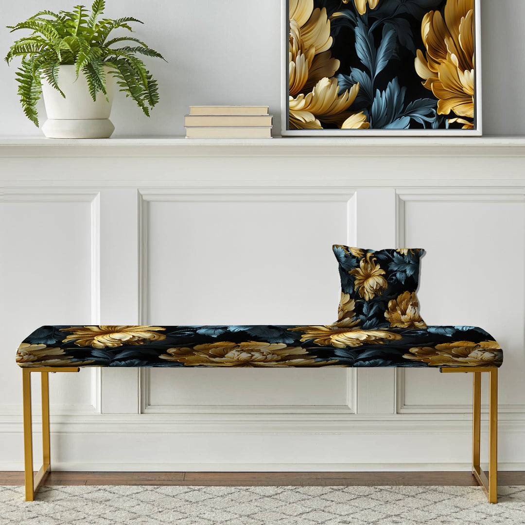 Dark Blue And Golden Gilded Damask Glamour - Upholstered Accent Bench