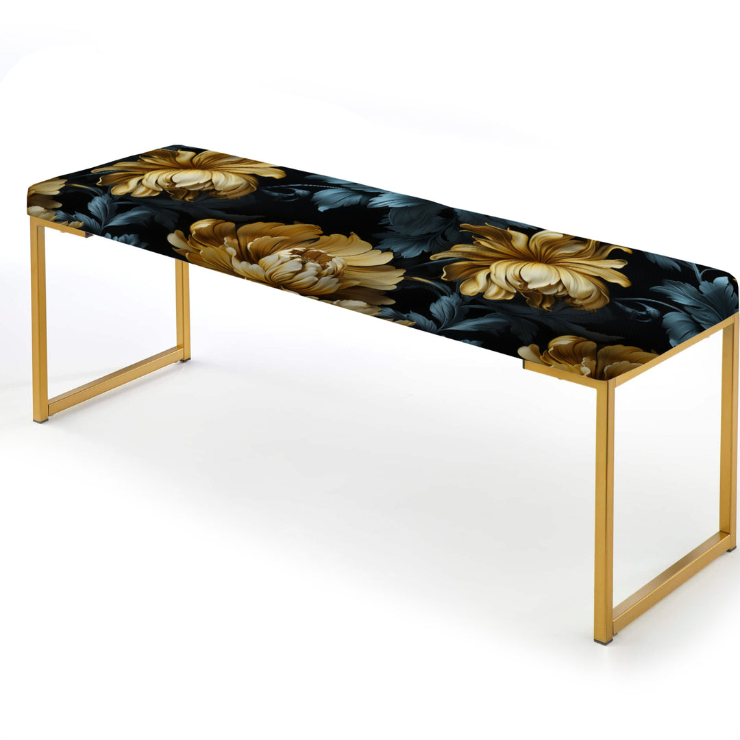 Dark Blue And Golden Gilded Damask Glamour - Upholstered Accent Bench