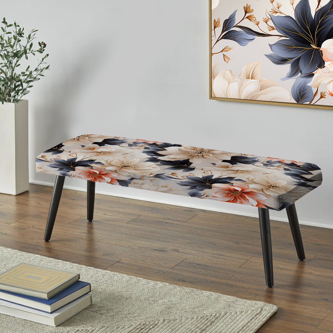 Blue And Beige Coastal Tranquil Florals Collage Unveiled - Upholstered Accent Bench