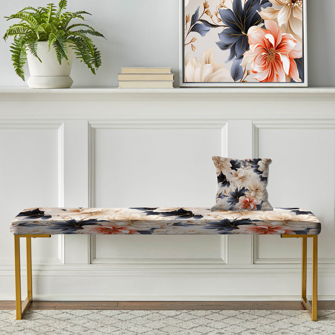 Blue And Beige Coastal Tranquil Florals Collage Unveiled - Upholstered Accent Bench