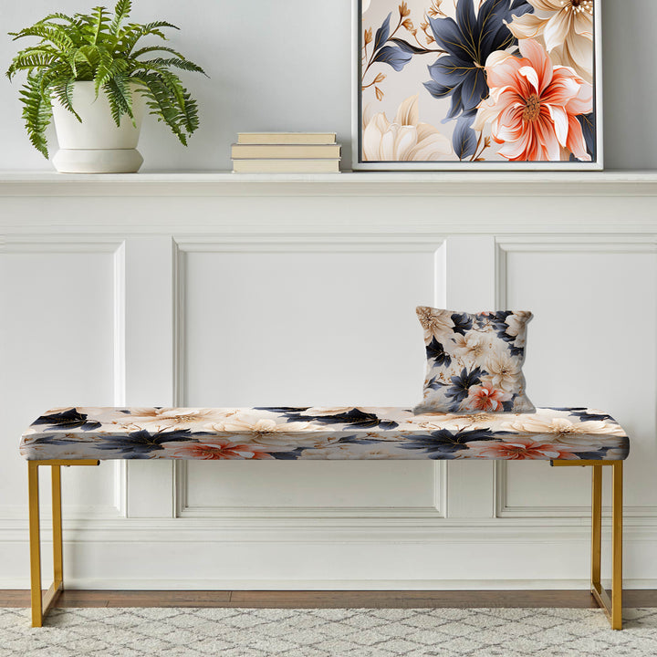 Blue And Beige Coastal Tranquil Florals Collage Unveiled - Upholstered Accent Bench