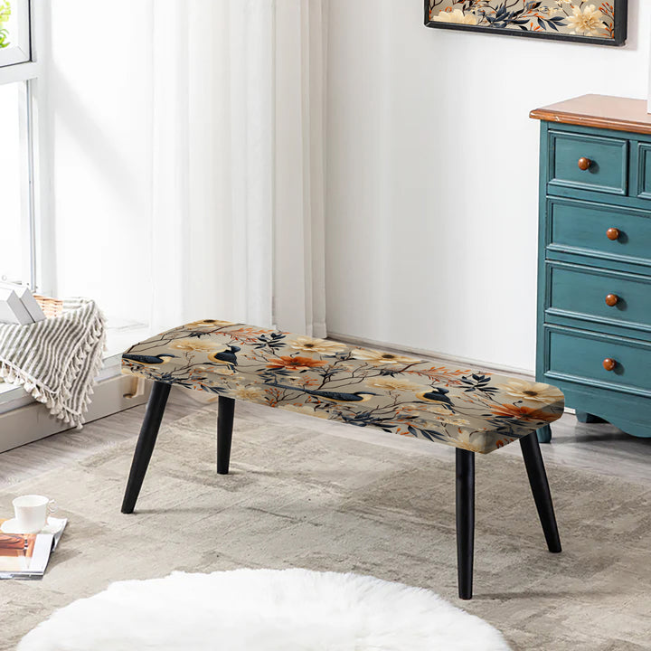 Beige Birds On Branch Collage - Upholstered Accent Bench
