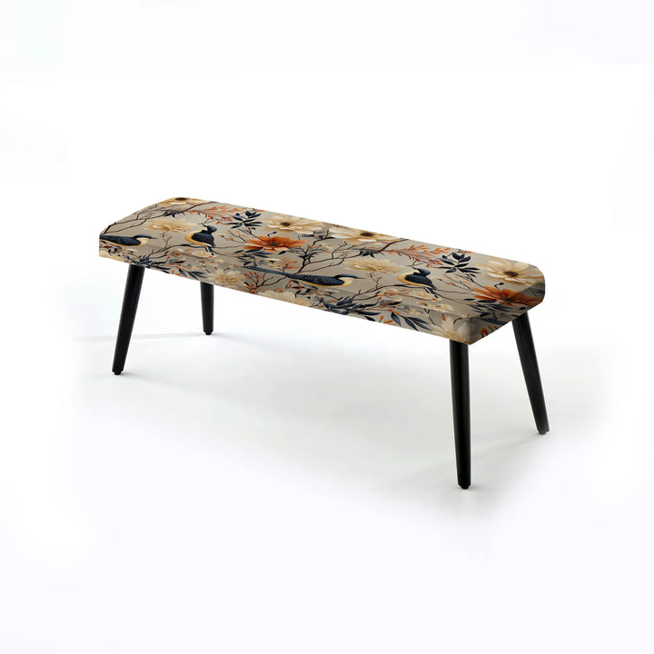 Beige Birds On Branch Collage - Upholstered Accent Bench