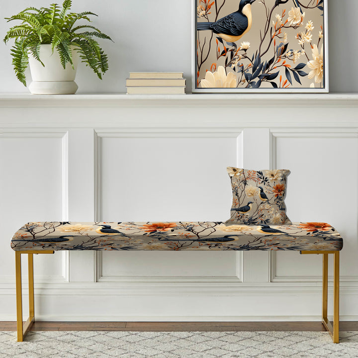 Beige Birds On Branch Collage - Upholstered Accent Bench