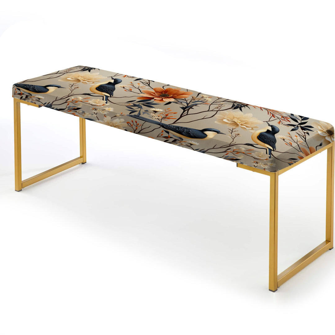 Beige Birds On Branch Collage - Upholstered Accent Bench