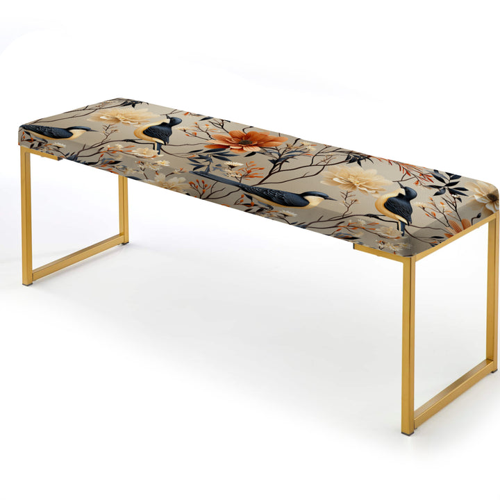 Beige Birds On Branch Collage - Upholstered Accent Bench