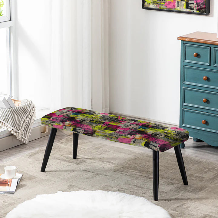 Popart Neon Newspaper Collage - Upholstered Accent Bench
