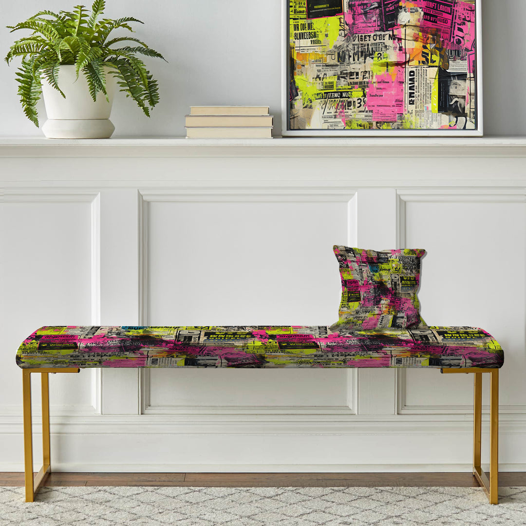 Popart Neon Newspaper Collage - Upholstered Accent Bench