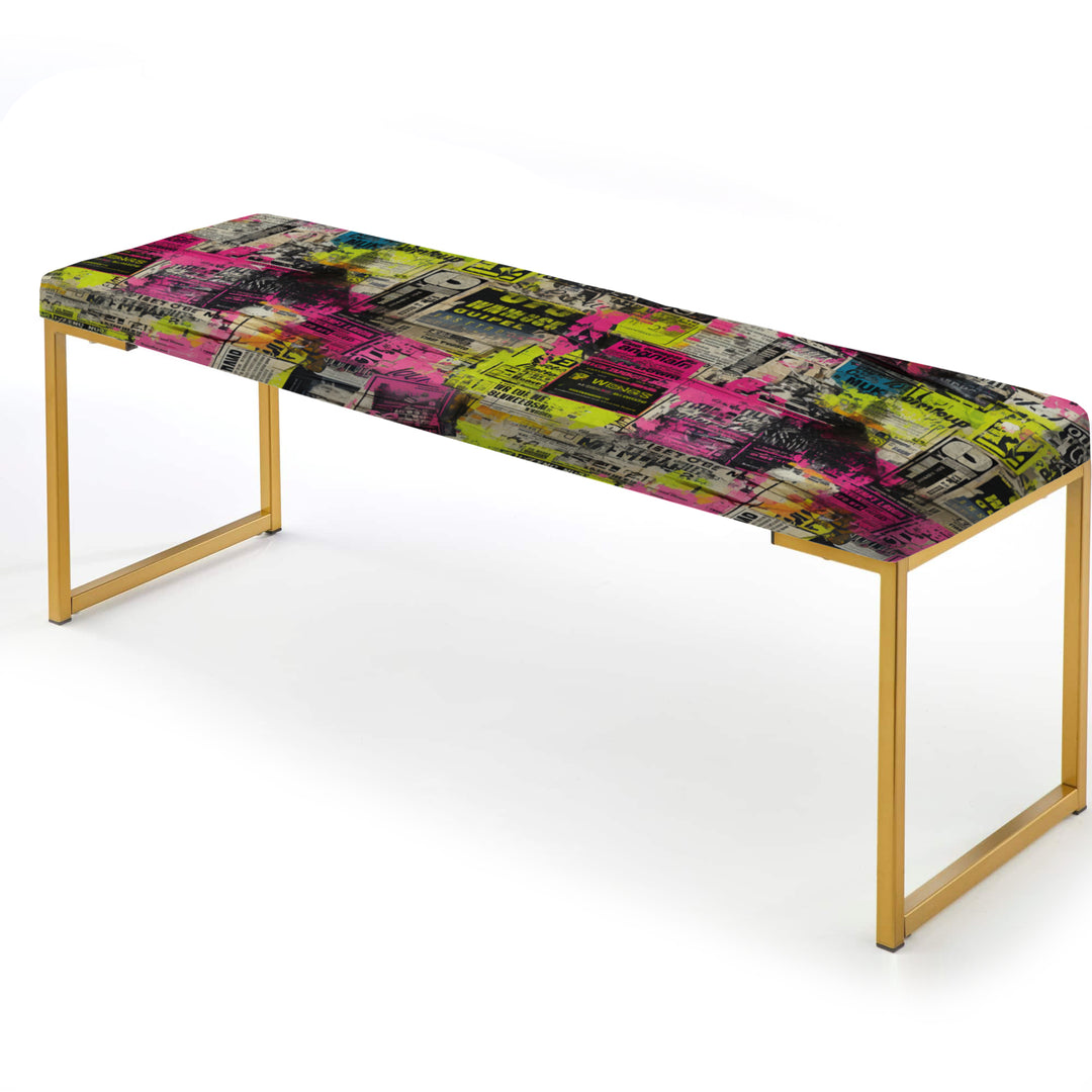 Popart Neon Newspaper Collage - Upholstered Accent Bench