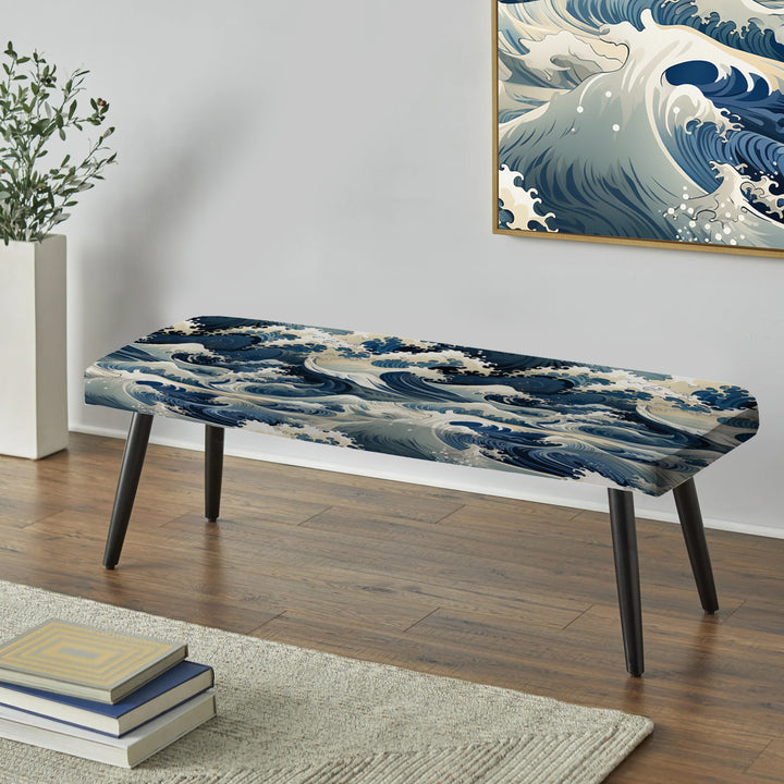 Blue And White Vintage Storm Waves - Upholstered Accent Bench