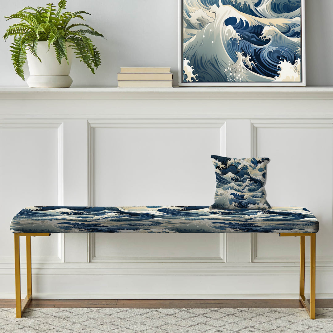 Blue And White Vintage Storm Waves - Upholstered Accent Bench
