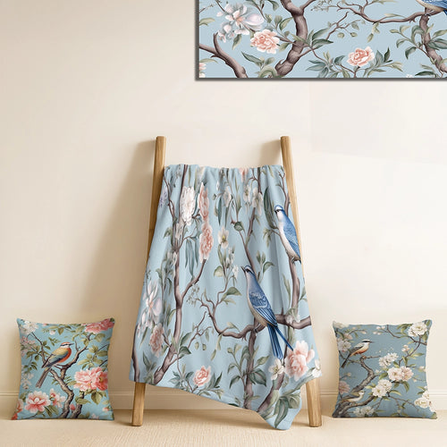 Floral Decorative Blanket Set - Chinoiserie With Birds and Peonies XI