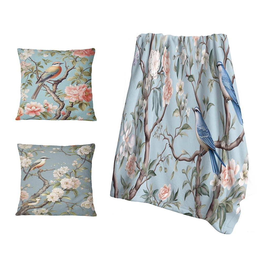 Floral Decorative Blanket Set - Chinoiserie With Birds and Peonies XI