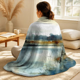 Lake House Throw Blanket Set - Summer Lake Landscape Illustration II