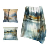 Lake House Throw Blanket Set - Summer Lake Landscape Illustration II