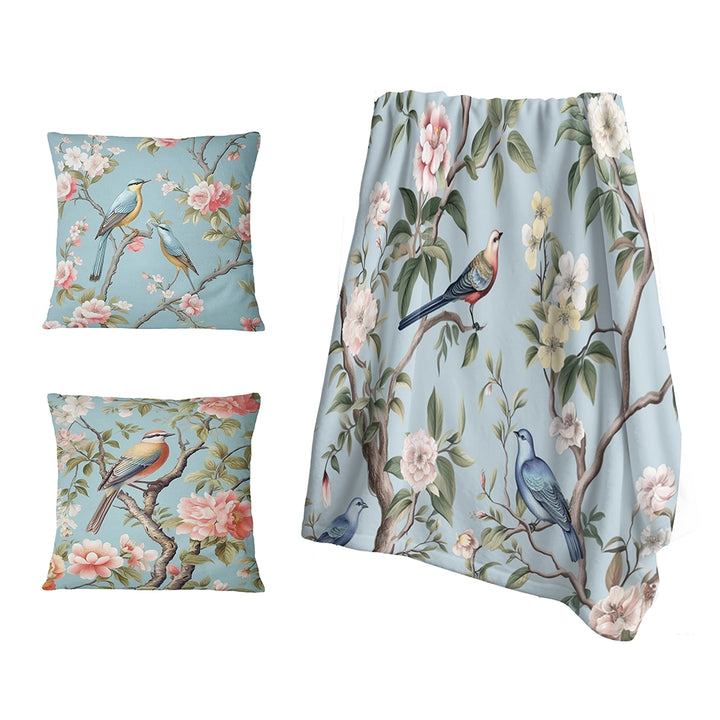 Floral Decorative Blanket Set - Chinoiserie With Birds and Peonies XIV