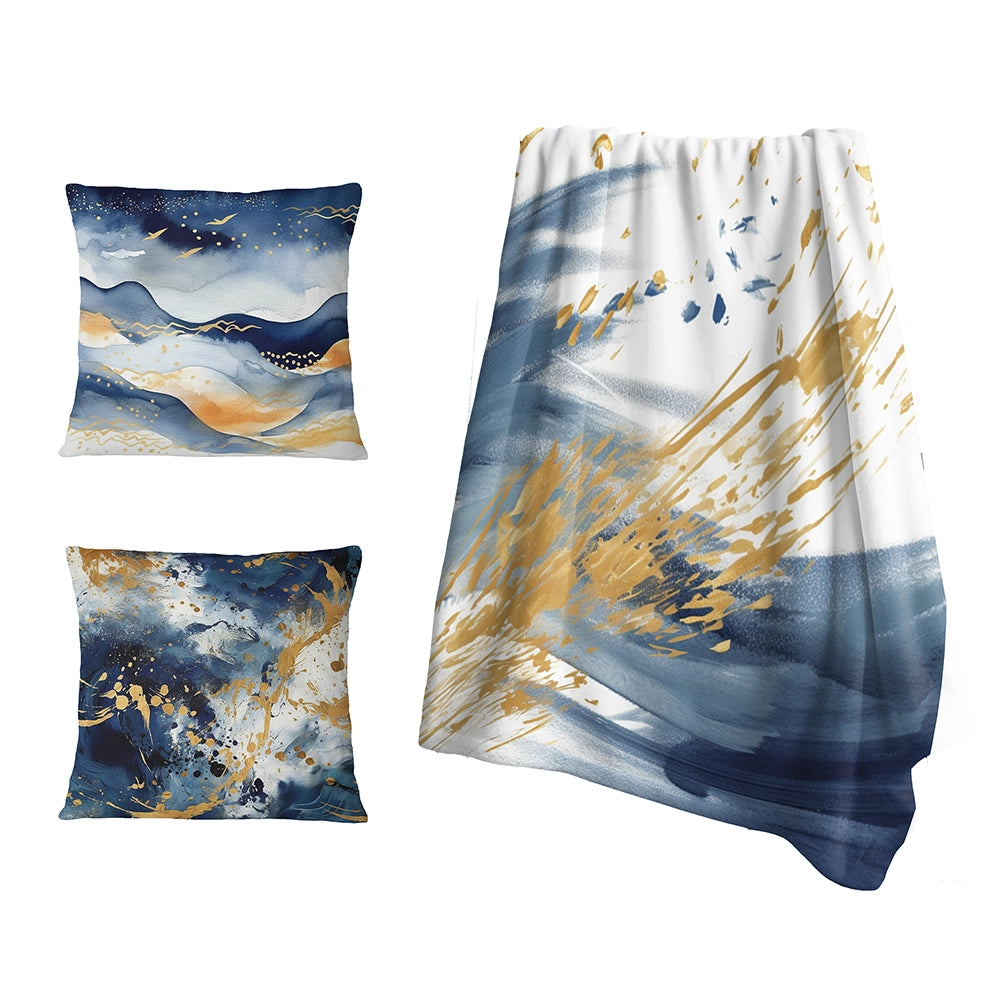 Fractals Throw Blanket Set - Dark Blue and Gold Abstract IV
