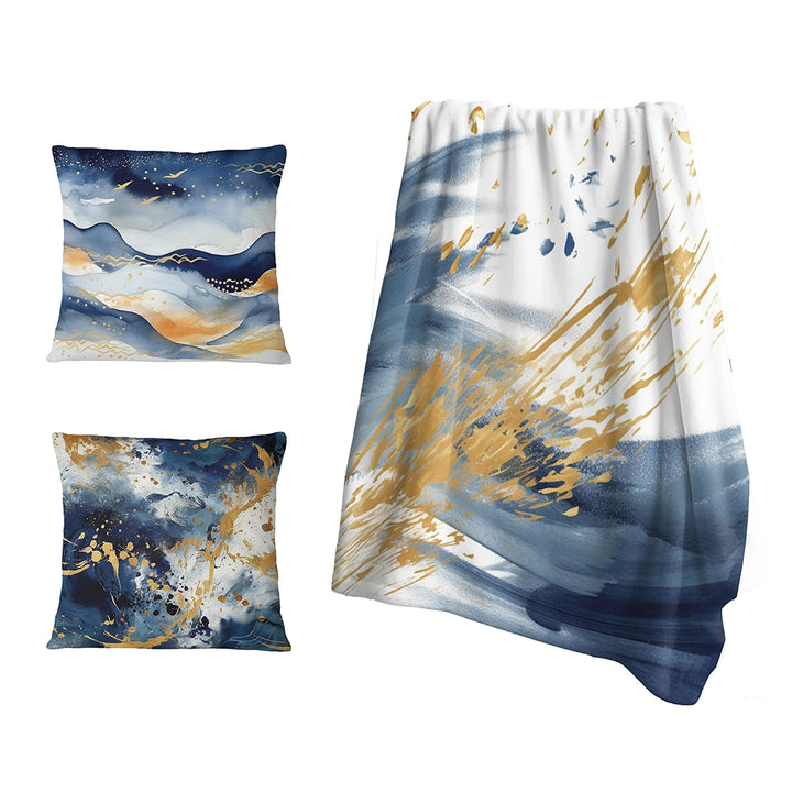 Fractals Throw Blanket Set - Dark Blue and Gold Abstract IV