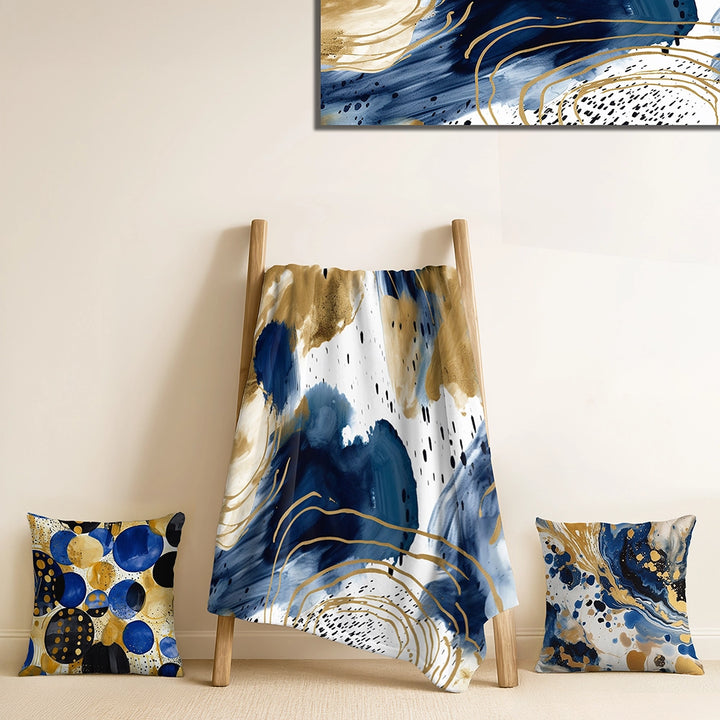 Abstract Collages Throw Blanket Set - Abstract Pattern With Blue &amp; Golden Textures II