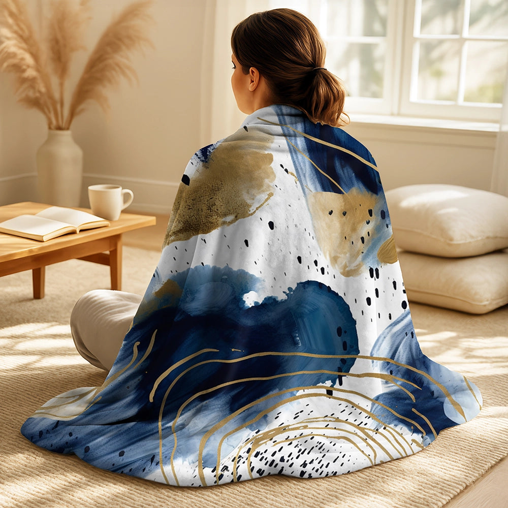 Abstract Collages Throw Blanket Set - Abstract Pattern With Blue &amp; Golden Textures II