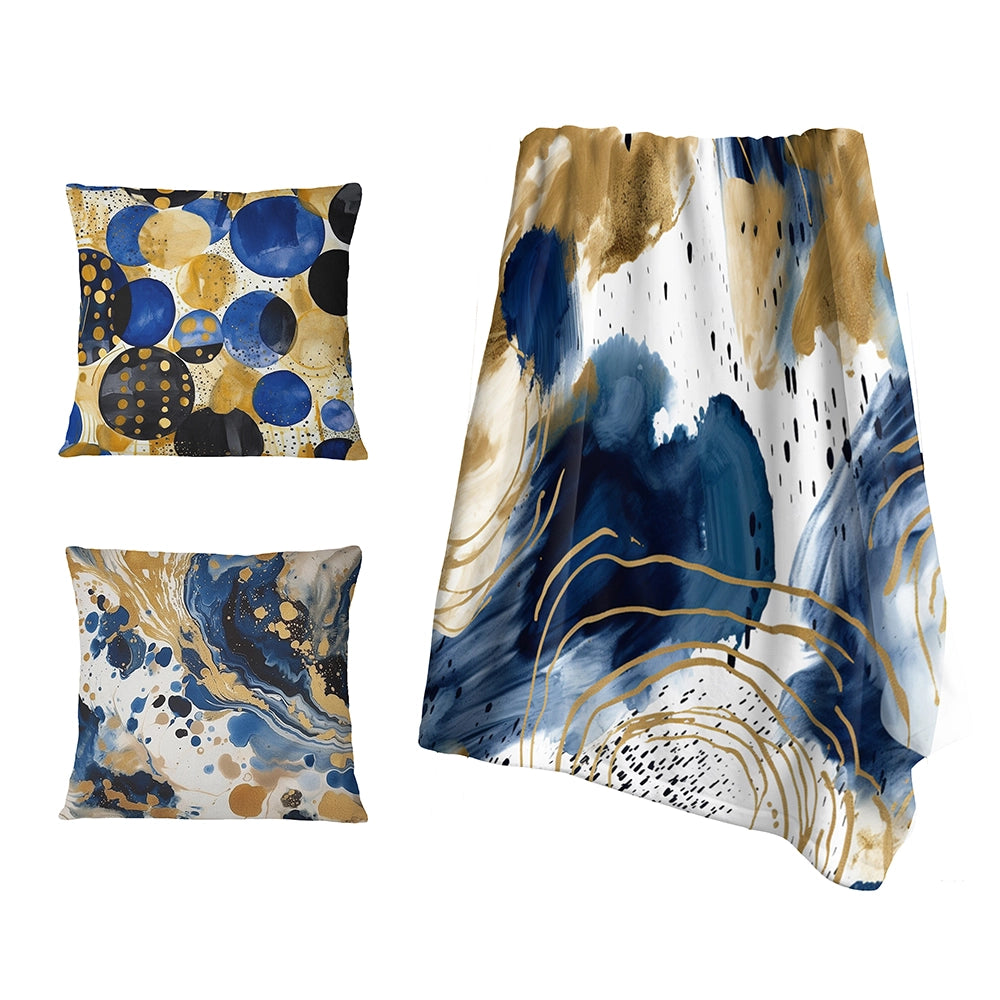 Abstract Collages Throw Blanket Set - Abstract Pattern With Blue &amp; Golden Textures II