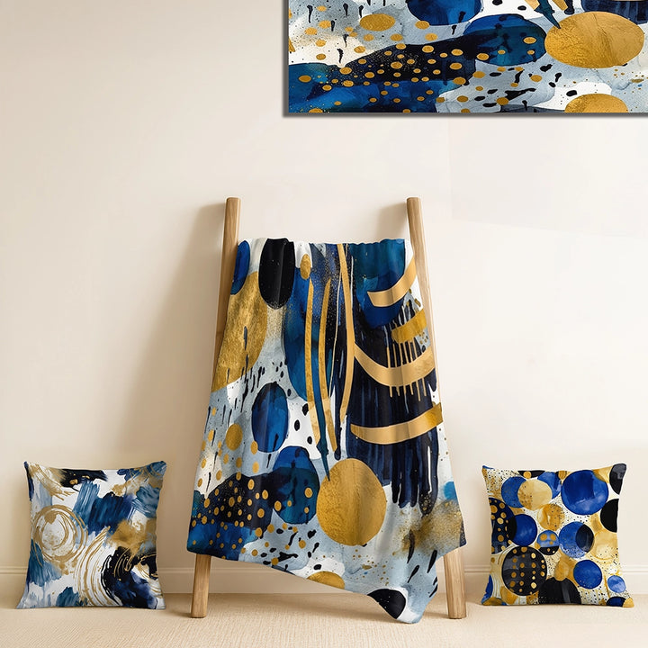 Modern Decorative Blanket Set - Abstract Pattern With Blue &amp; Golden Textures XIX