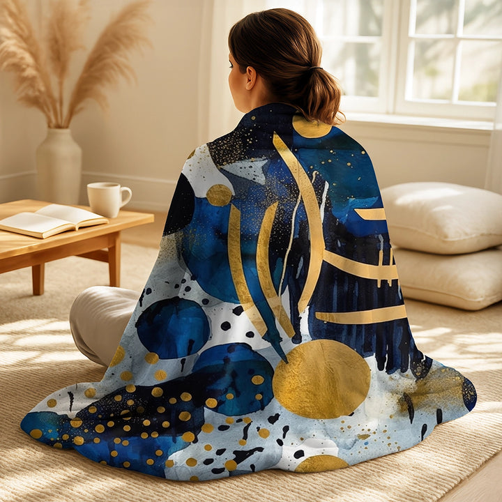 Modern Decorative Blanket Set - Abstract Pattern With Blue &amp; Golden Textures XIX