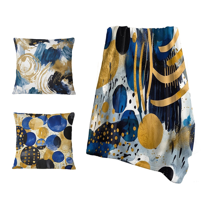 Modern Decorative Blanket Set - Abstract Pattern With Blue &amp; Golden Textures XIX