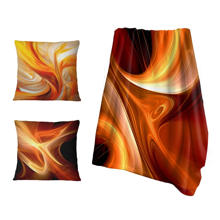 Fractals Decorative Blanket Set - Orange Abstract Warm Fractal Design II