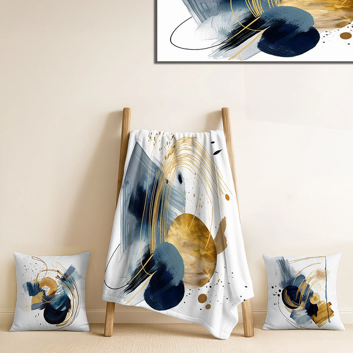 Modern Throw Blanket Set - Landscape of Dark Blue and Gold Strokes III