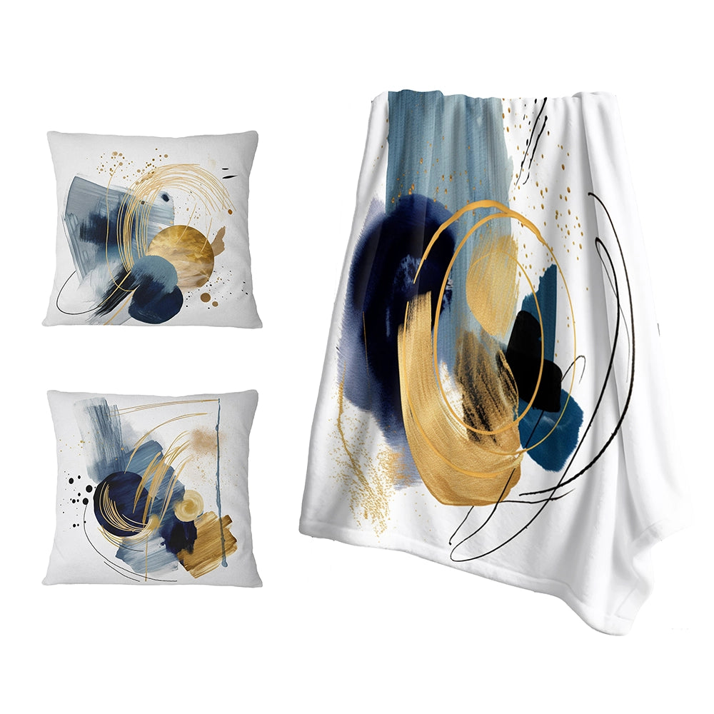 Modern Decorative Blanket Set - Landscape of Dark Blue and Gold Strokes V