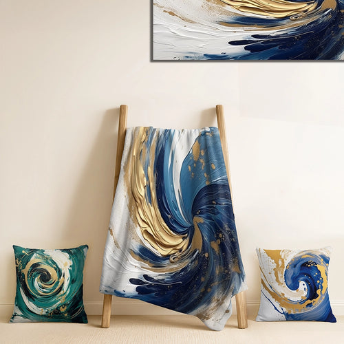 Abstract Spirals Throw Blanket Set - Dark Blue and Gold Spiral IV