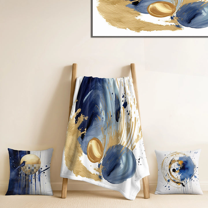 Modern Decorative Blanket Set - Dark Blue &amp; Gold Abstract Circle Texture I