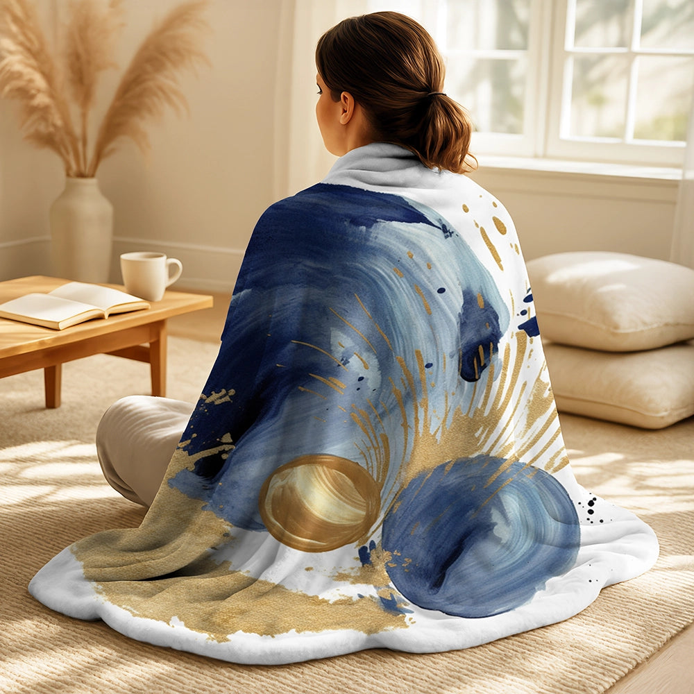 Modern Decorative Blanket Set - Dark Blue &amp; Gold Abstract Circle Texture I