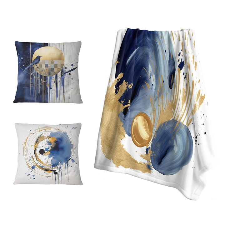 Modern Decorative Blanket Set - Dark Blue &amp; Gold Abstract Circle Texture I