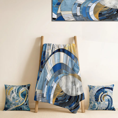 Abstract Shapes Decorative Throw Blanket - Gold Constructing Blue Realms I