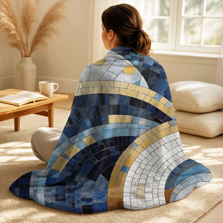 Abstract Shapes Decorative Throw Blanket - Gold Constructing Blue Realms III