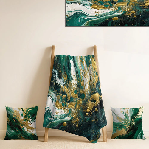 Abstract Decorative Throw Blanket - Green and Gold Serene Cascade I