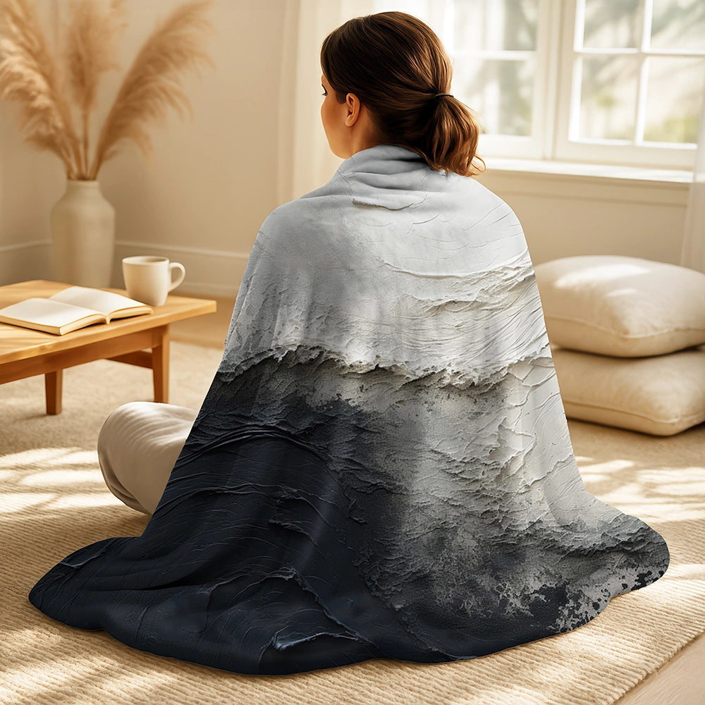 Coastal Throw Blanket Set - Minimalism Black And White Paint Wave I