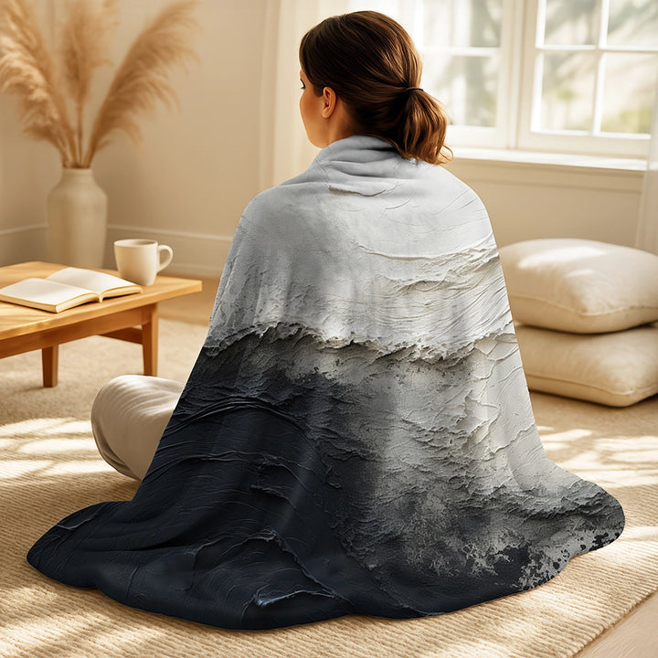 Coastal Throw Blanket Set - Minimalism Black And White Paint Wave I