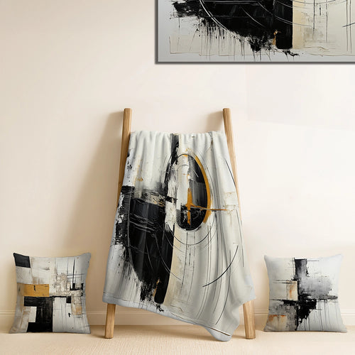Abstract Painting Throw Blanket Set - Beige And Black Divine Simplicity II