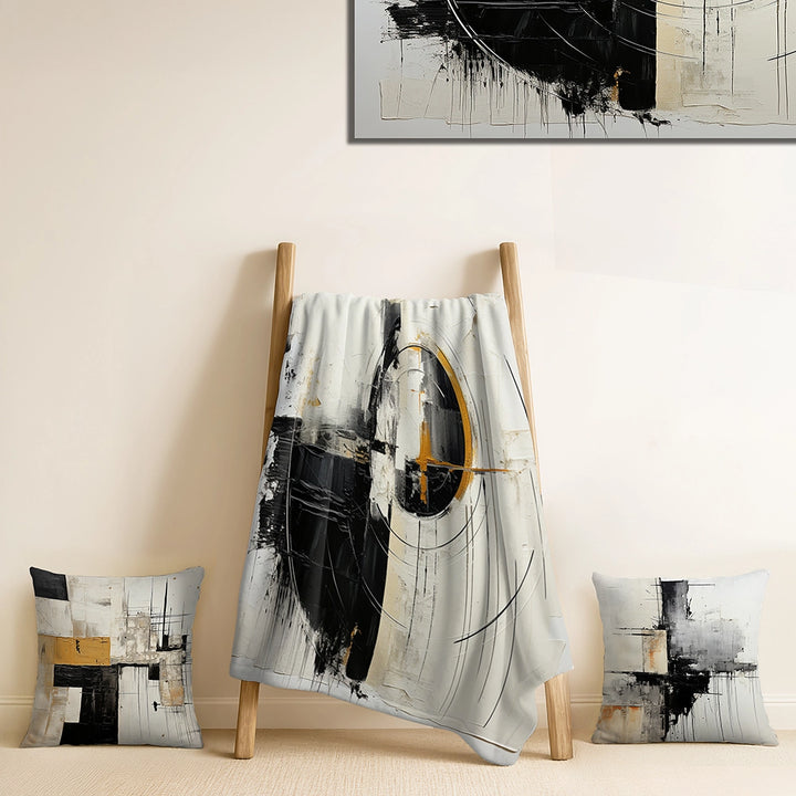 Abstract Painting Throw Blanket Set - Beige And Black Divine Simplicity II