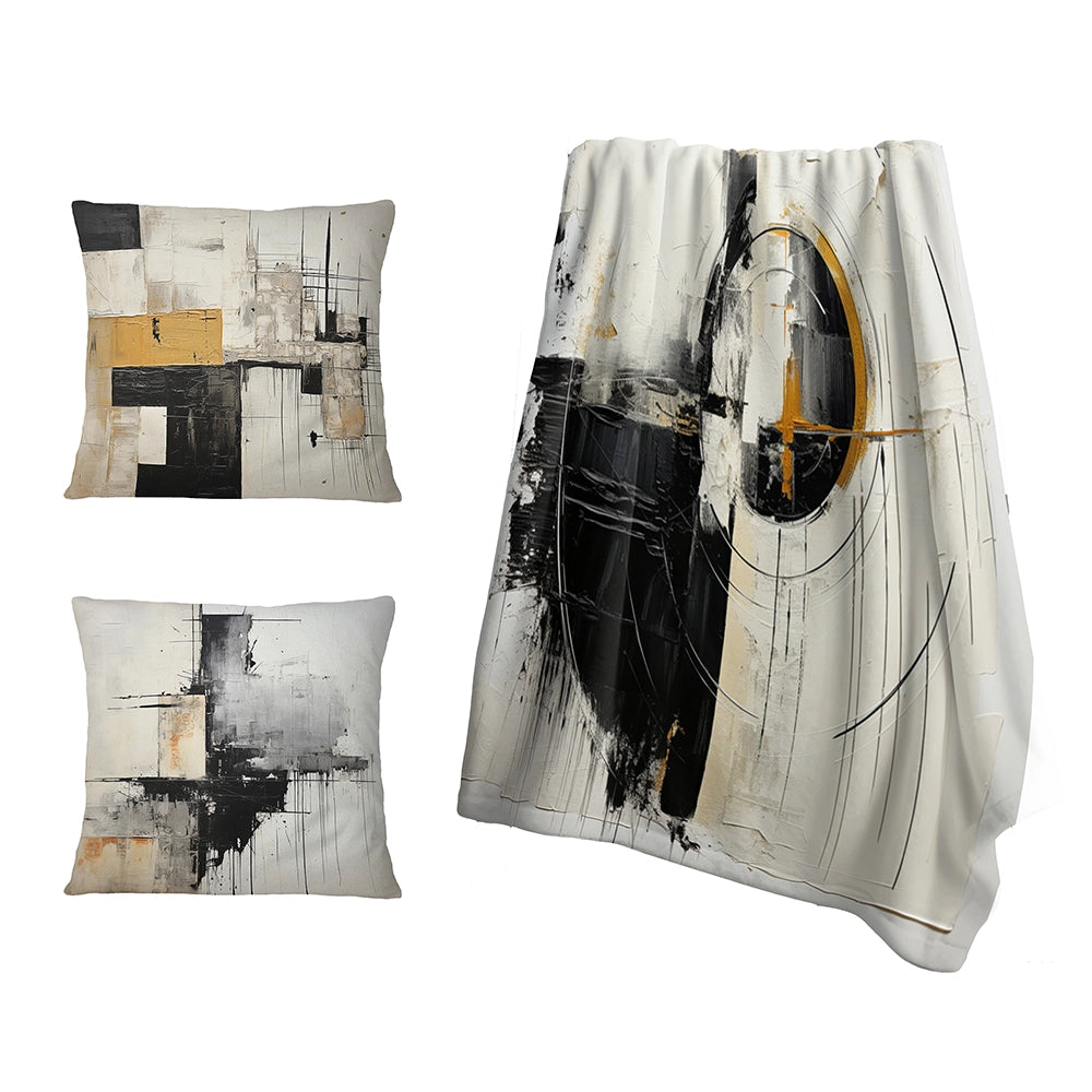Abstract Painting Throw Blanket Set - Beige And Black Divine Simplicity II