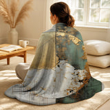 Abstract Painting Throw Blanket Set - Gold And Green Paint Fusion I