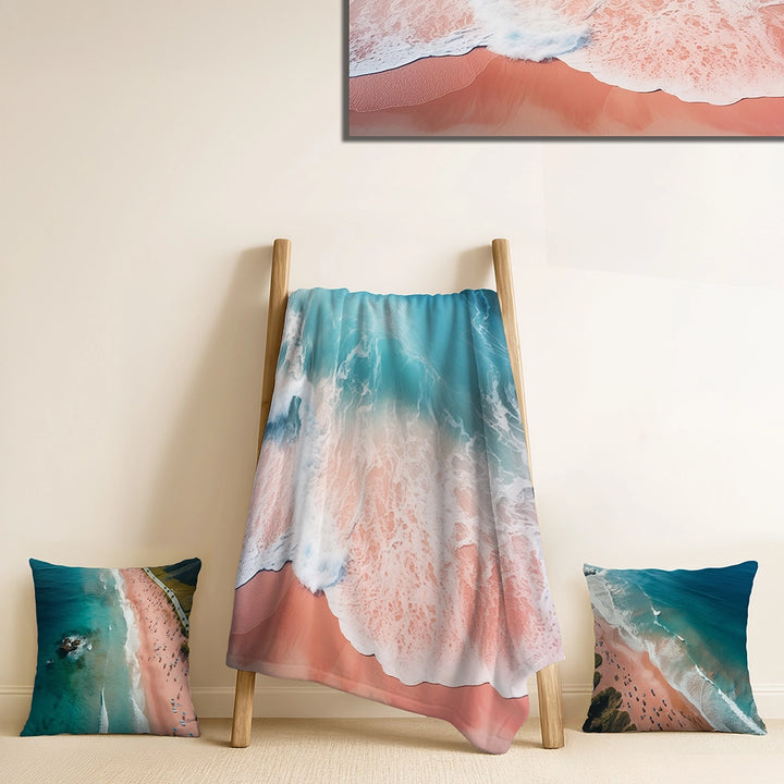 Coastal Beach Throw Blanket Set - Blue and pink beach aerial view II