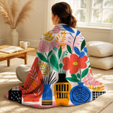 Boho Pottery Throw Blanket - Henri Matisse style boho flower bouquet II