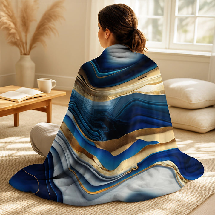 Abstract Transitional Throw Blanket - Vibrant Blue And Gold Agate II
